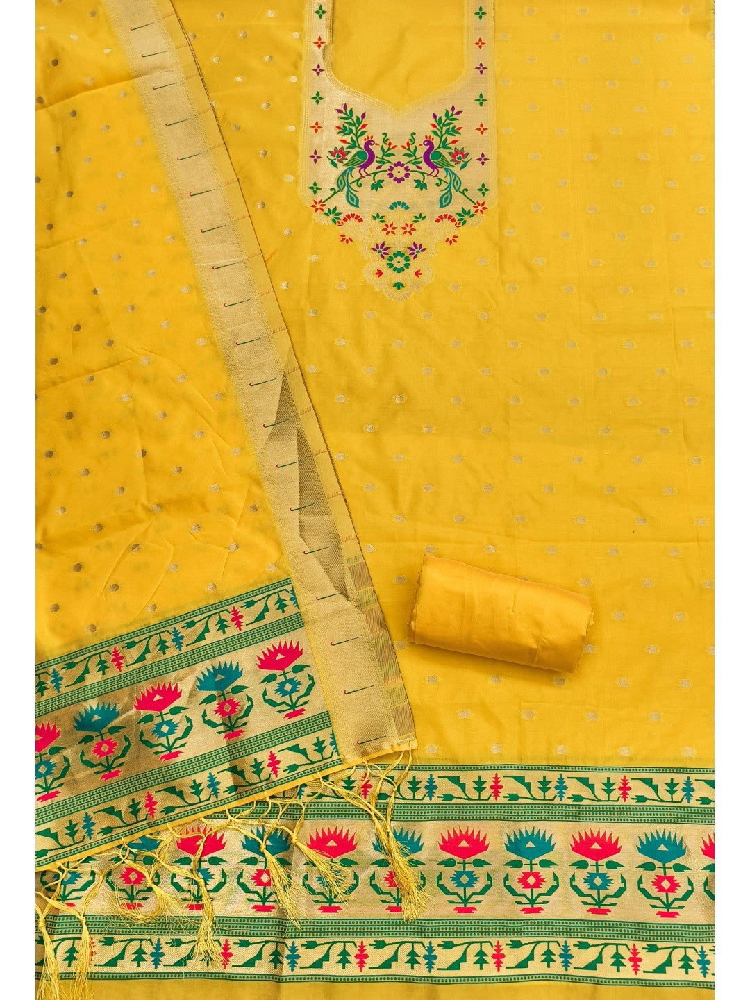 Luxury Yellow Floral & Peacock Design Zari Weaving Banarasi Silk Dress Material - Image 3