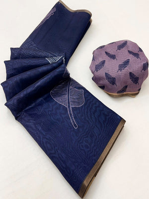 Navy Blue Tussar Silk Saree with Leaf Print and Matching Blouse - Image 2