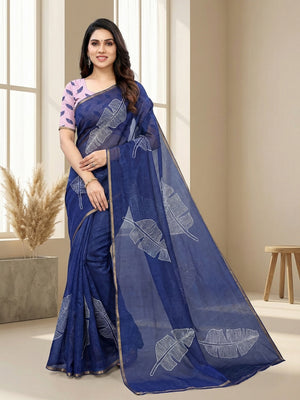 Navy Blue Tussar Silk Saree with Leaf Print and Matching Blouse - Image 1