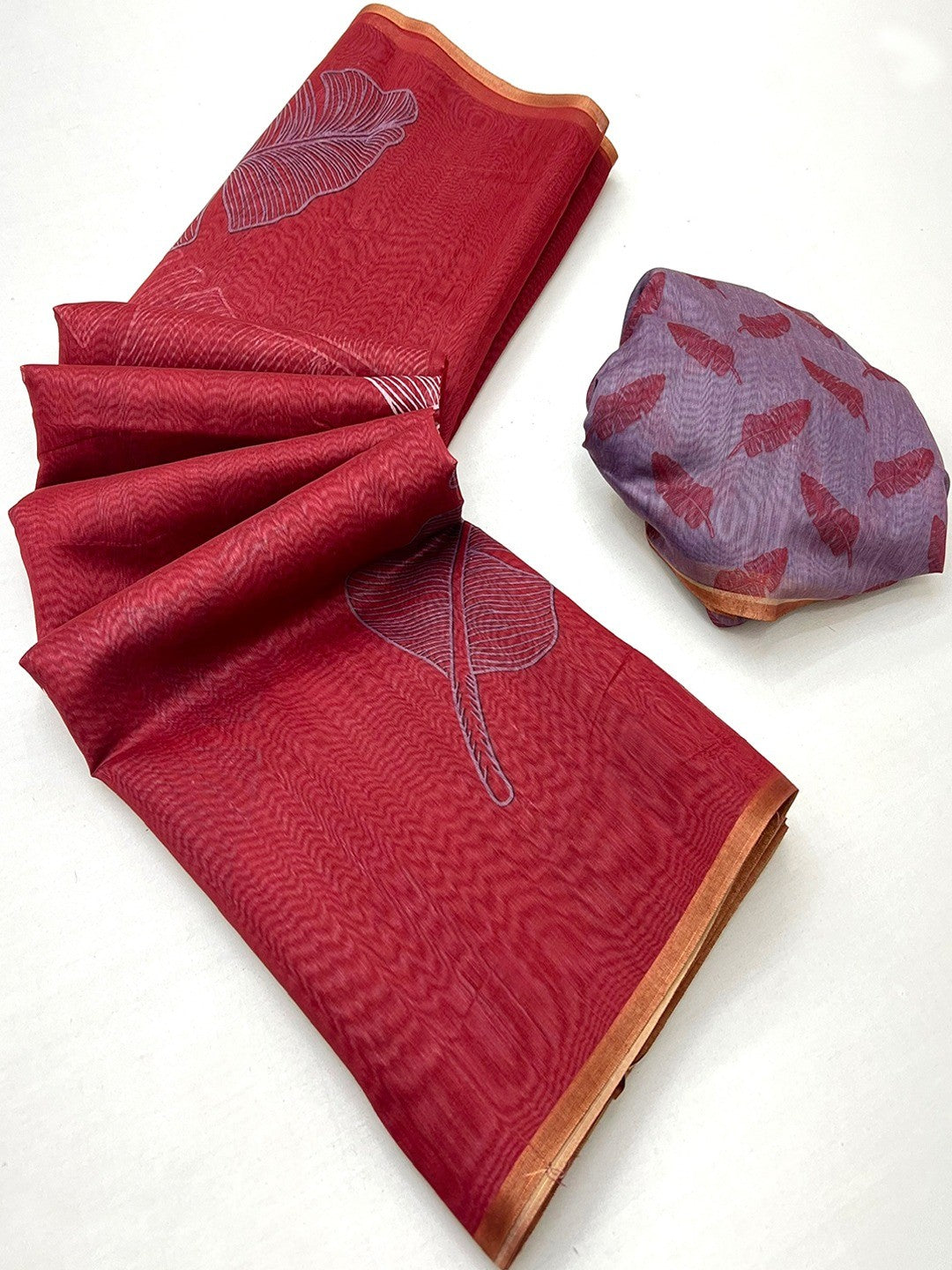 Red Tussar Silk Saree with Leaf Print and Matching Blouse - Image 3