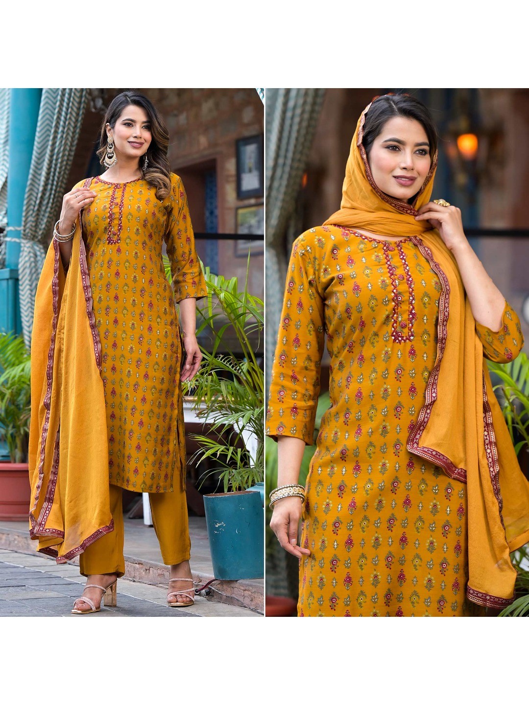 Mustard Floral Kantha Work Embroidered Chanderi Silk Salwar Suit - Image 1