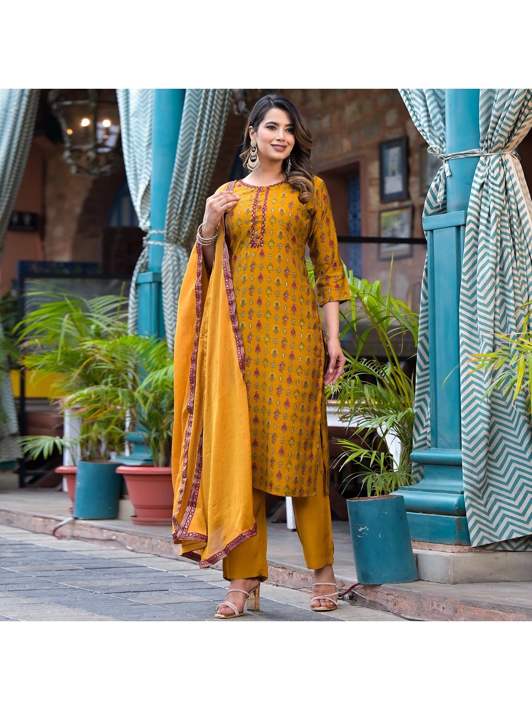 Mustard Floral Kantha Work Embroidered Chanderi Silk Salwar Suit - Image 10