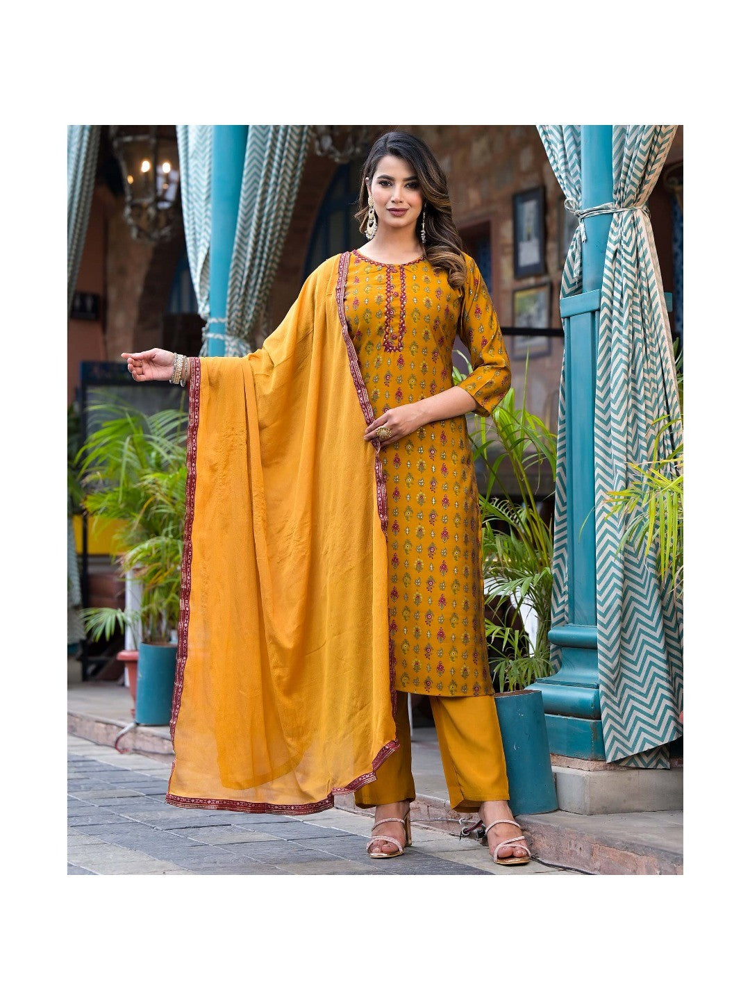 Mustard Floral Kantha Work Embroidered Chanderi Silk Salwar Suit - Image 8