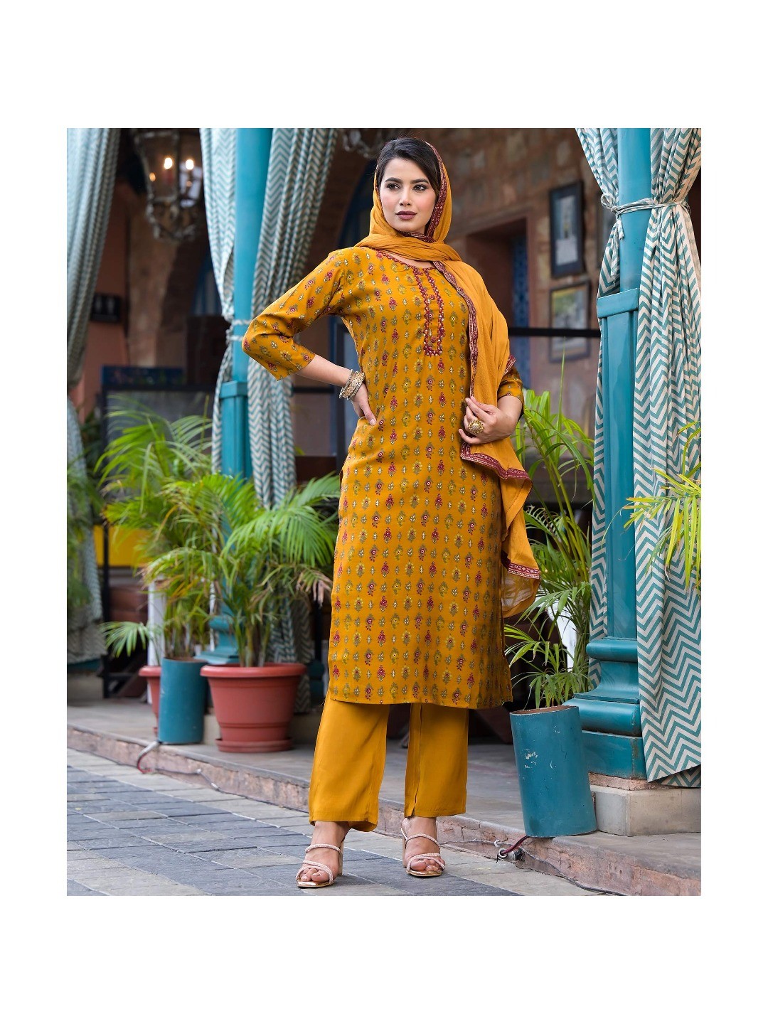 Mustard Floral Kantha Work Embroidered Chanderi Silk Salwar Suit - Image 5