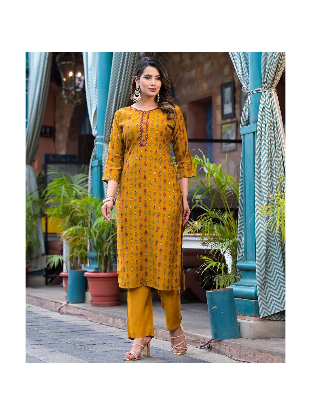 Mustard Floral Kantha Work Embroidered Chanderi Silk Salwar Suit - Image 4
