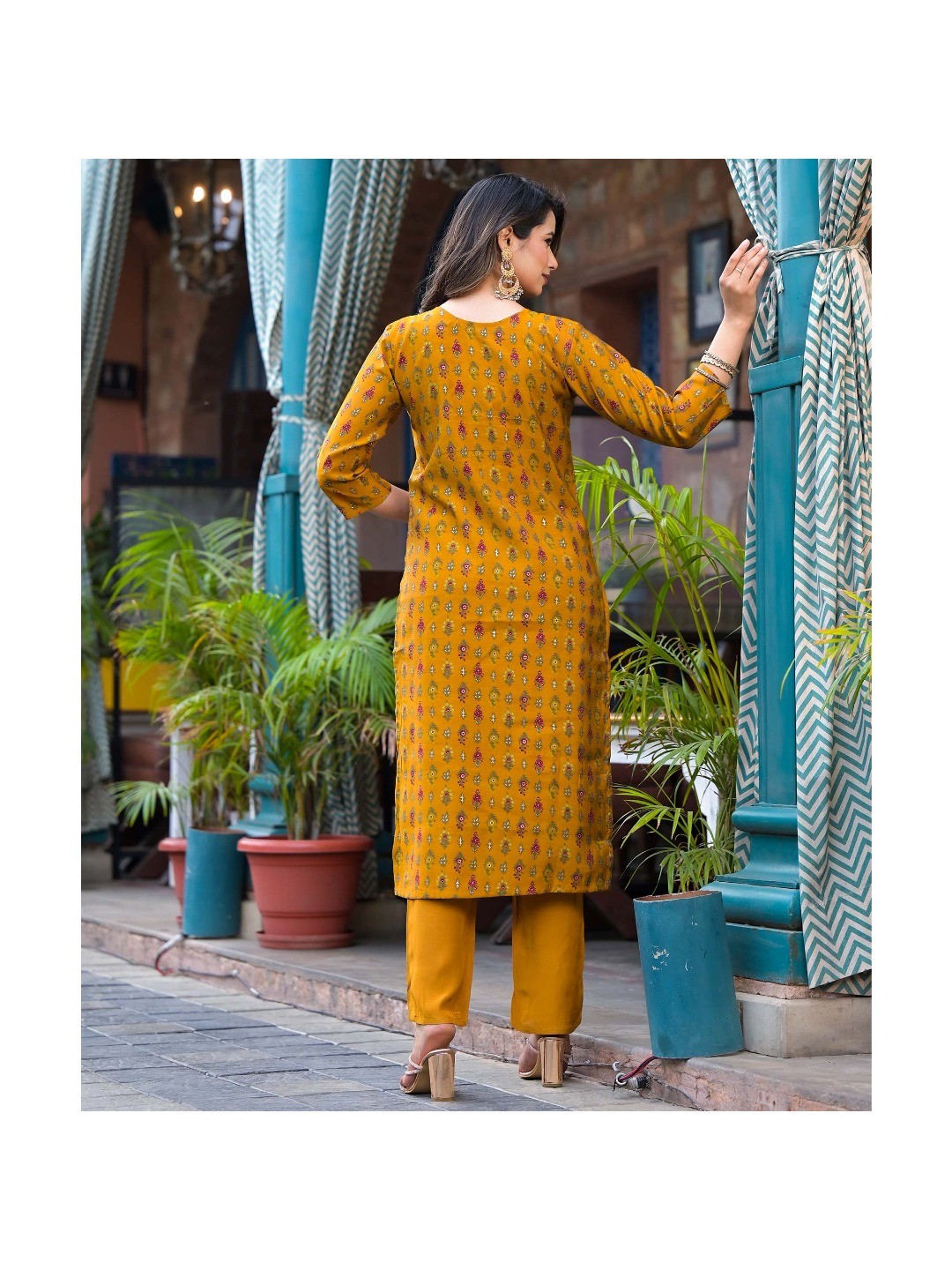Mustard Floral Kantha Work Embroidered Chanderi Silk Salwar Suit - Image 3