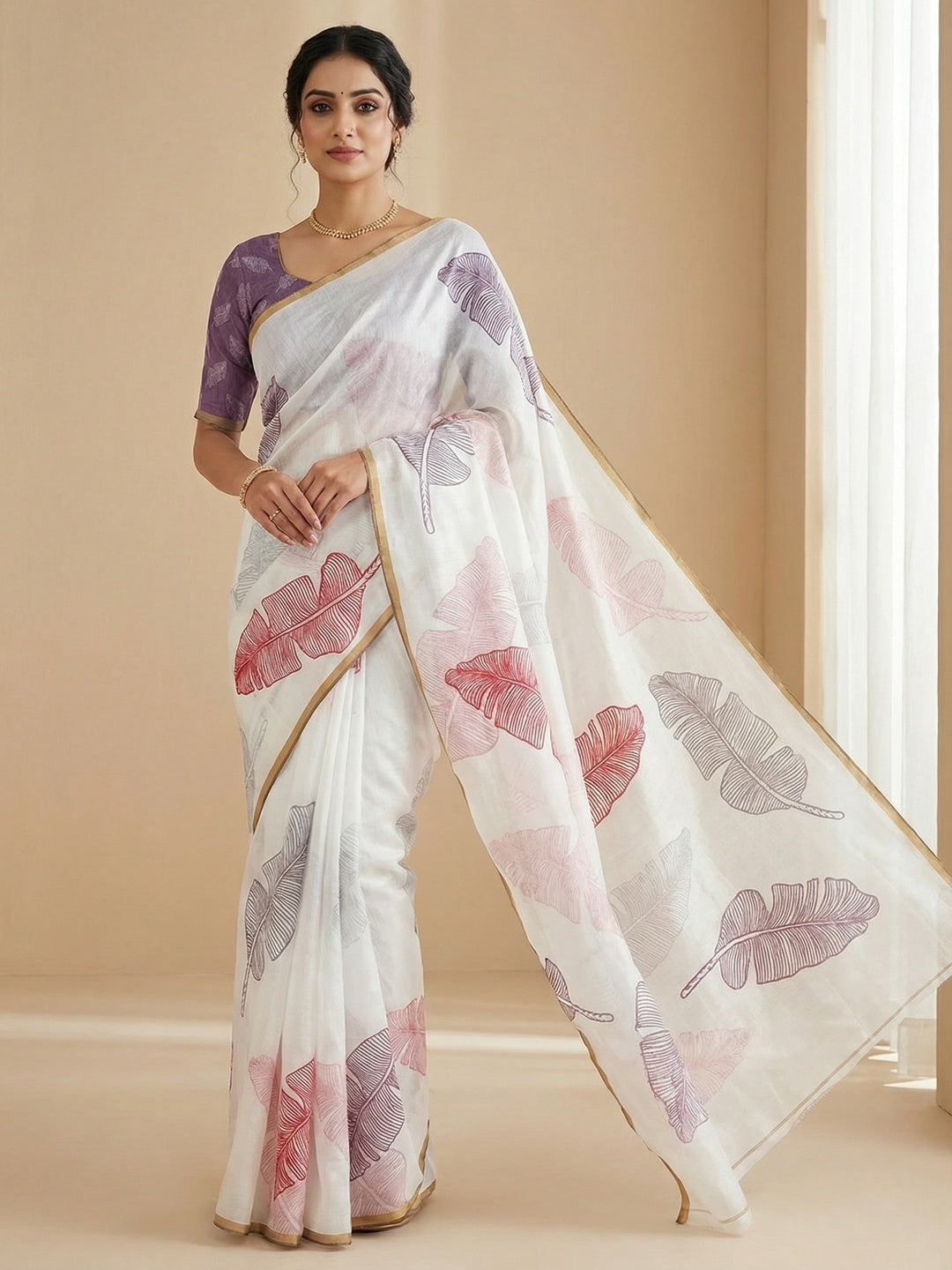 White Tussar Silk Saree with Leaf Print and Matching Blouse - Image 1