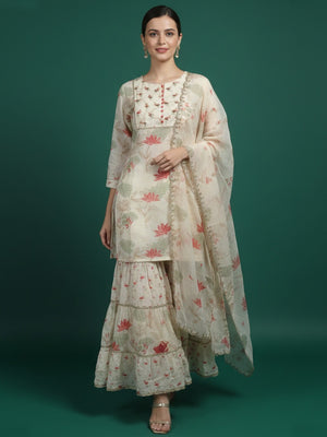 Cream Blossom Printed Florals with Flowy Muslin Sharara Bottom Set - Image 1