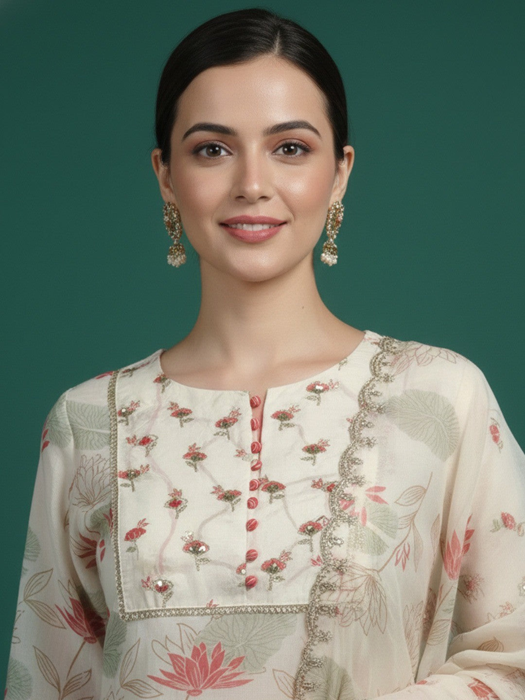 Cream Blossom Printed Florals with Flowy Muslin Sharara Bottom Set - Image 2