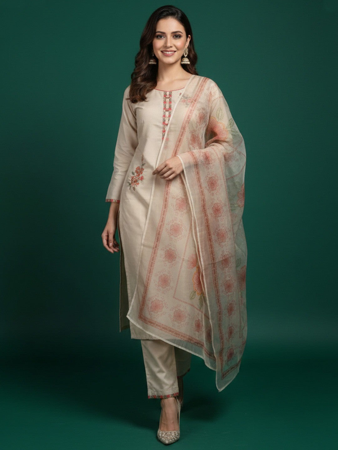 Beige Floral Embroidered Chanderi Salwar Suit - Image 1