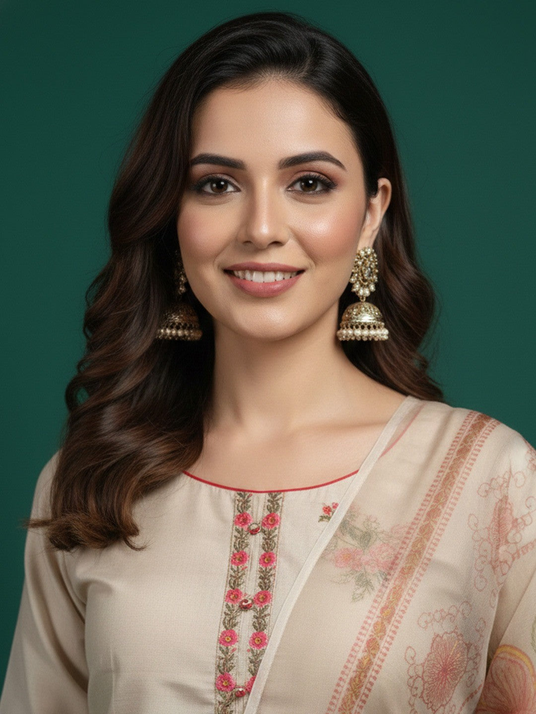 Beige Floral Embroidered Chanderi Salwar Suit - Image 4