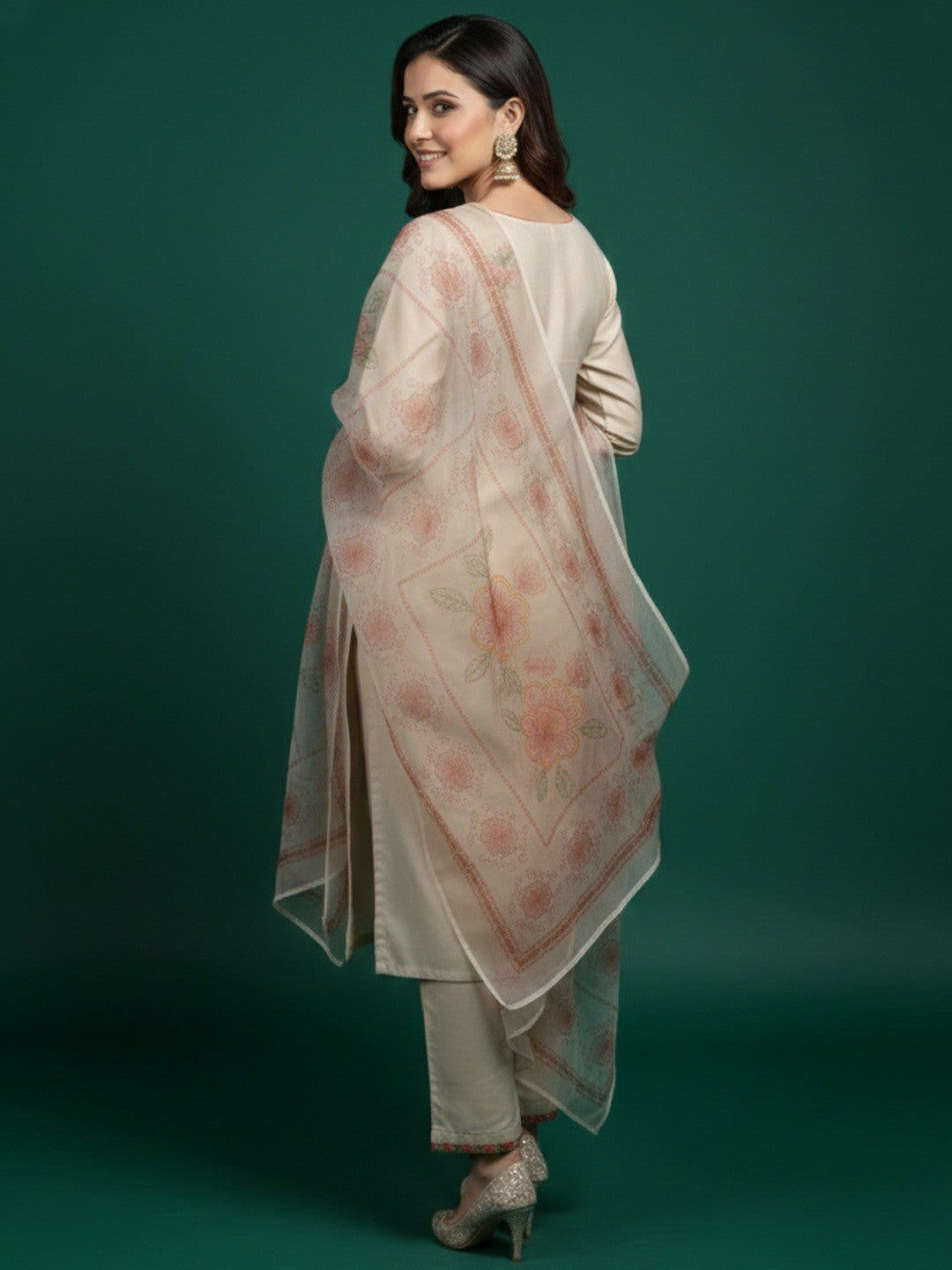 Beige Floral Embroidered Chanderi Salwar Suit - Image 3