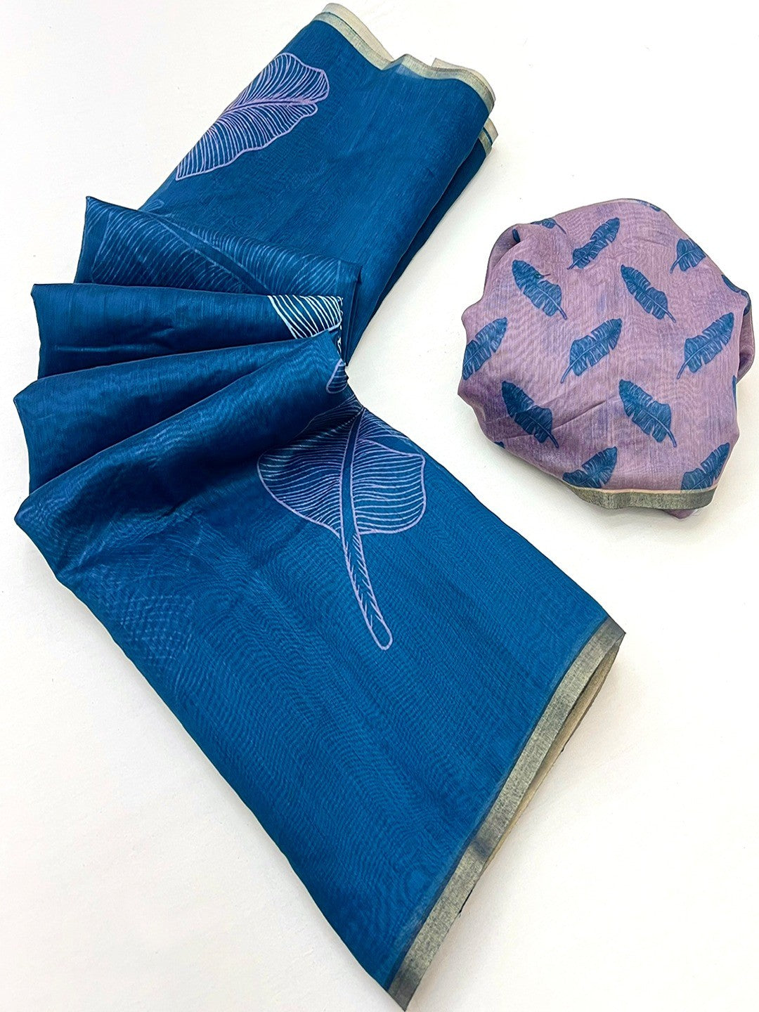 Teal Tussar Silk Saree with Leaf Print and Matching Blouse - Image 3