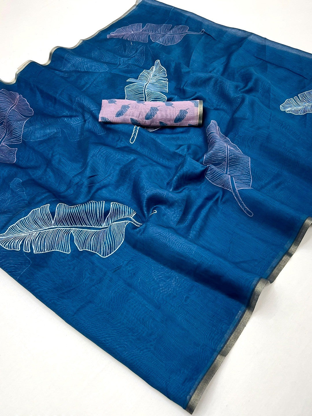Teal Tussar Silk Saree with Leaf Print and Matching Blouse - Image 2