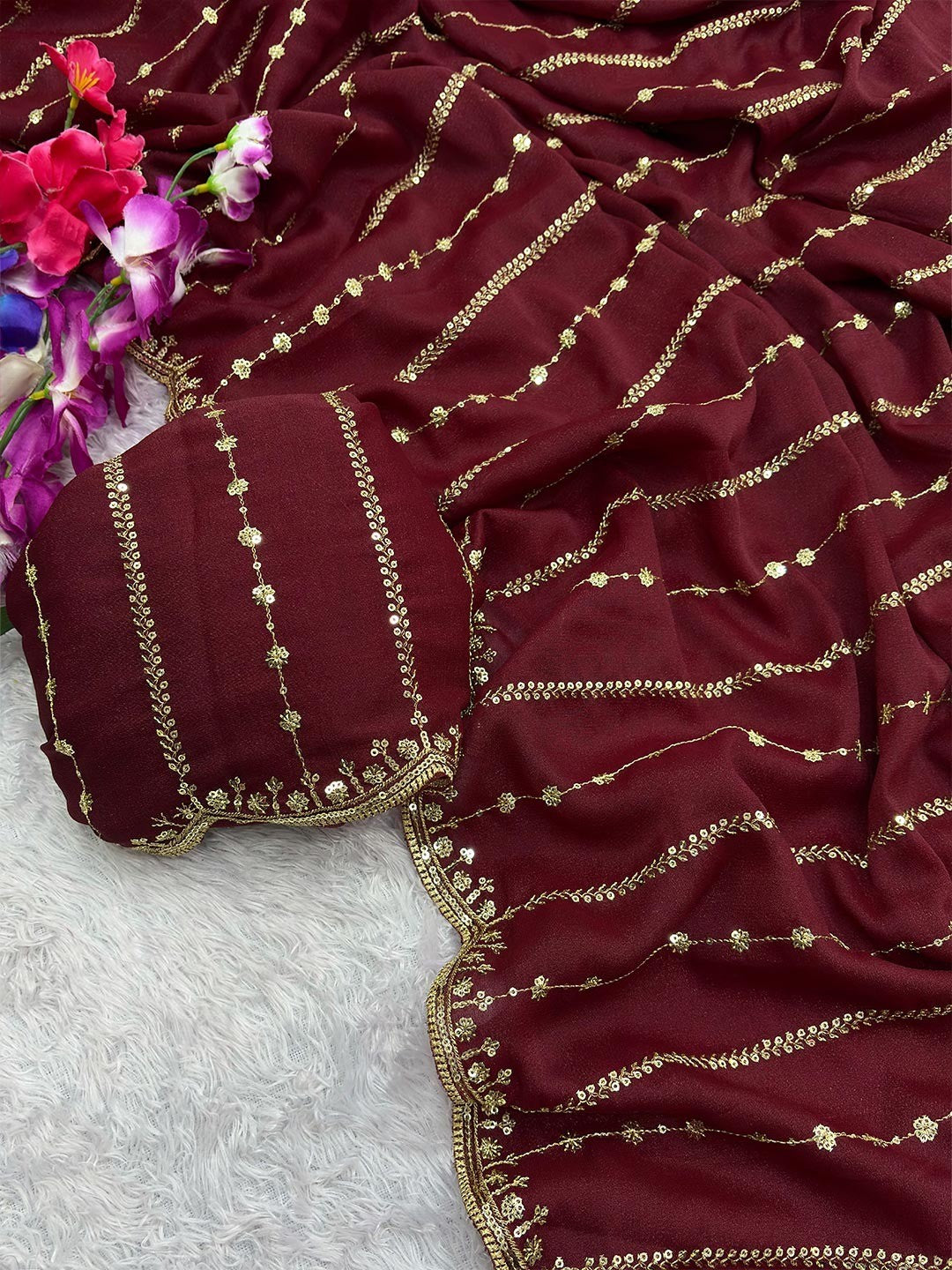 Timeless Maroon Striped Pattern Georgette Saree Accentuated With Elegant Sequins Embroidery Work - Image 3