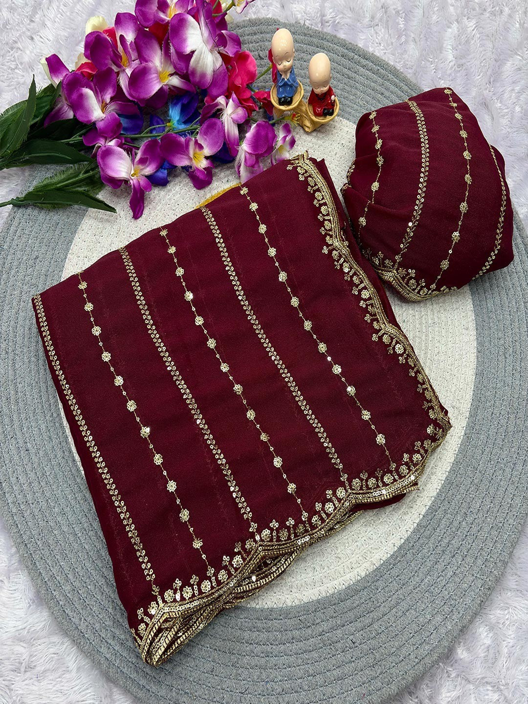 Timeless Maroon Striped Pattern Georgette Saree Accentuated With Elegant Sequins Embroidery Work - Image 2