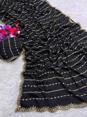 Timeless Black Striped Pattern Georgette Saree Accentuated With Elegant Sequins Embroidery Work - Image 1