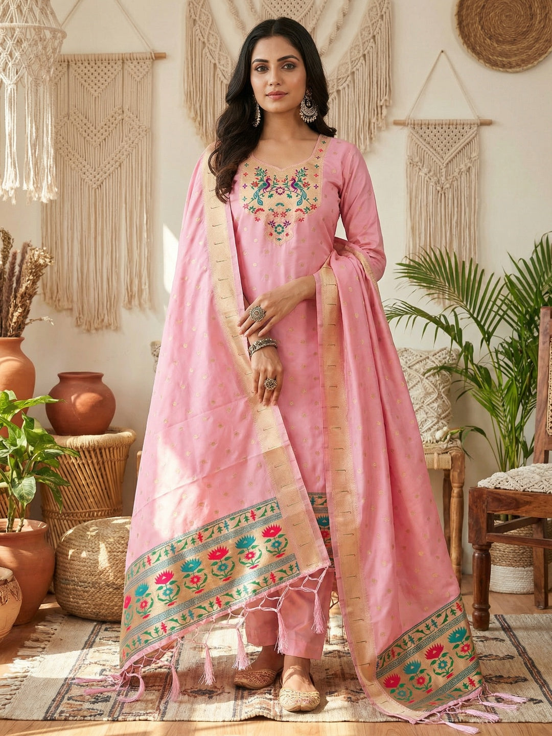 Luxury Baby Pink Floral & Peacock Design Zari Weaving Banarasi Silk Dress Material - Image 1