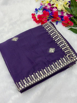 Charming Purple Georgette Saree With Delicate Sequins Embroidery & A Beautiful Border - Image 2