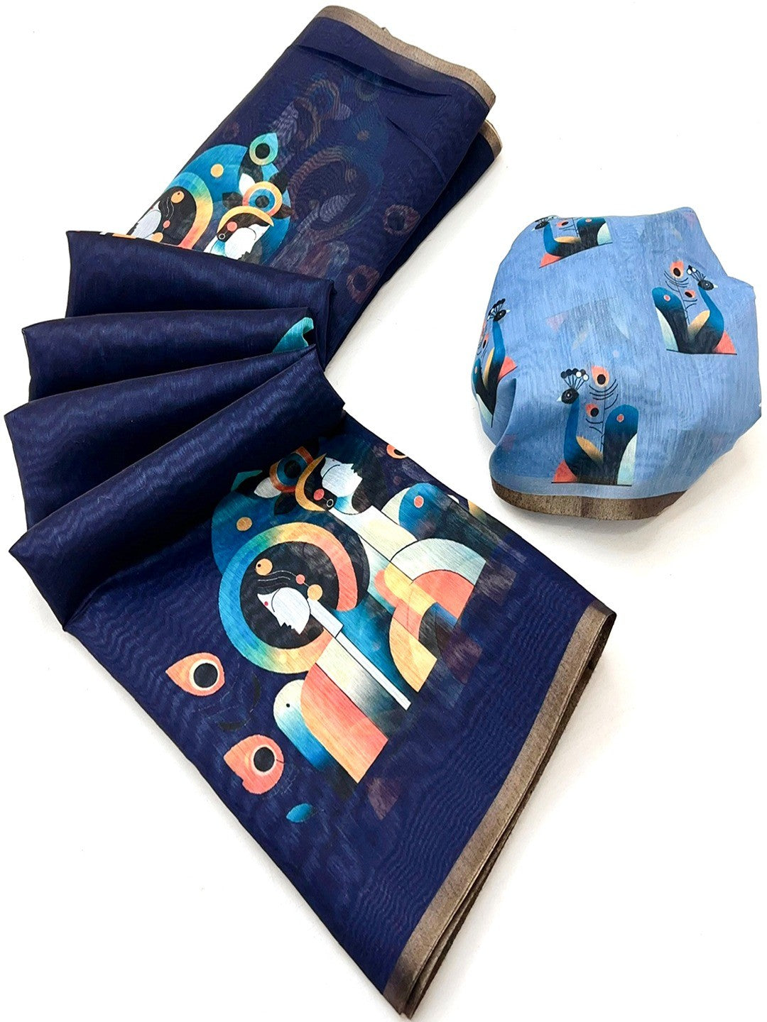 Navy Blue Tussar Silk Saree with Contemporary Abstract Digital Art Pattern - Image 3