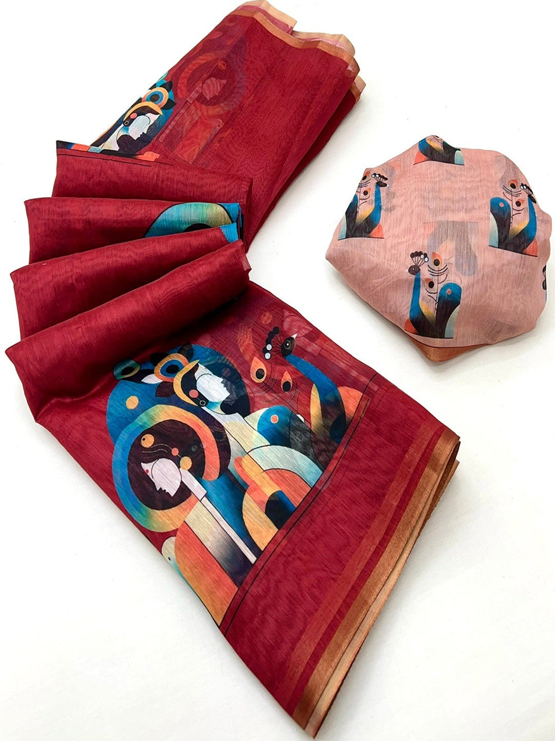 Red Tussar Silk Saree with Contemporary Abstract Digital Art Pattern - Image 3