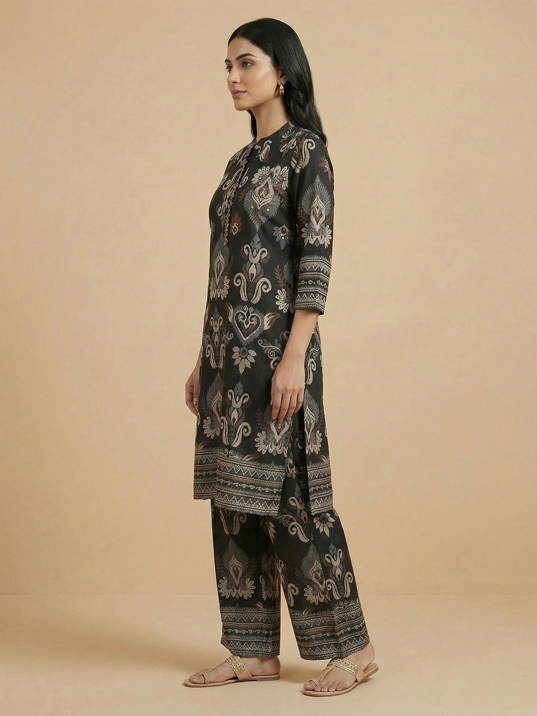 Black Viscose Two Piece Top Bottom Set with Delicate Floral Print Design - Image 3