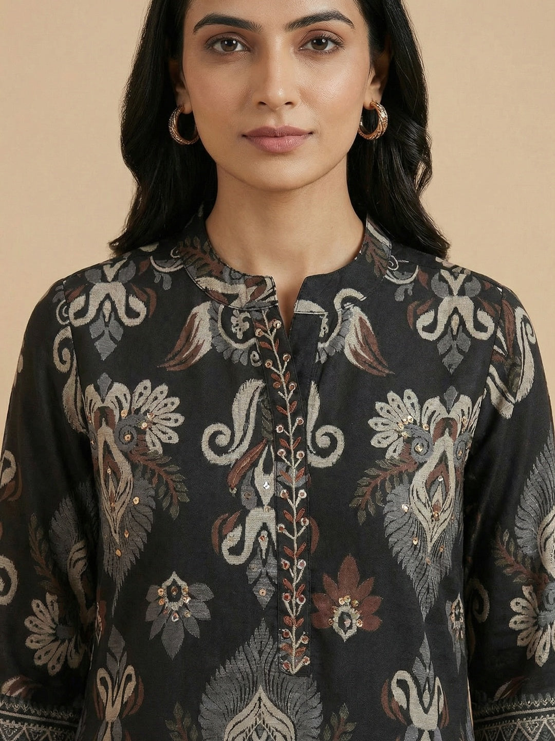 Black Viscose Two Piece Top Bottom Set with Delicate Floral Print Design - Image 2