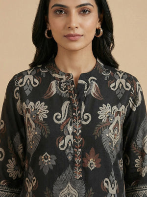 Black Viscose Two Piece Top Bottom Set with Delicate Floral Print Design - Image 2