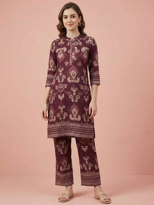 Wine Viscose Two Piece Top Bottom Set with Delicate Floral Print Design - Image 1