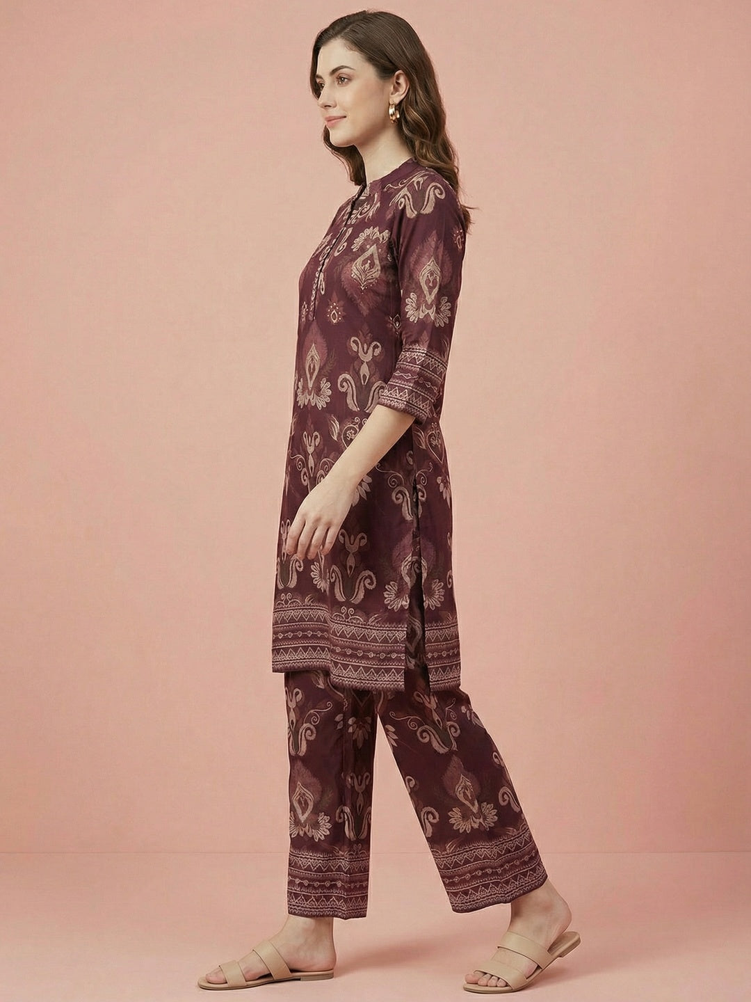 Wine Viscose Two Piece Top Bottom Set with Delicate Floral Print Design - Image 2