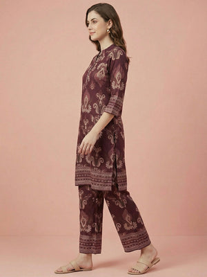 Wine Viscose Two Piece Top Bottom Set with Delicate Floral Print Design - Image 2