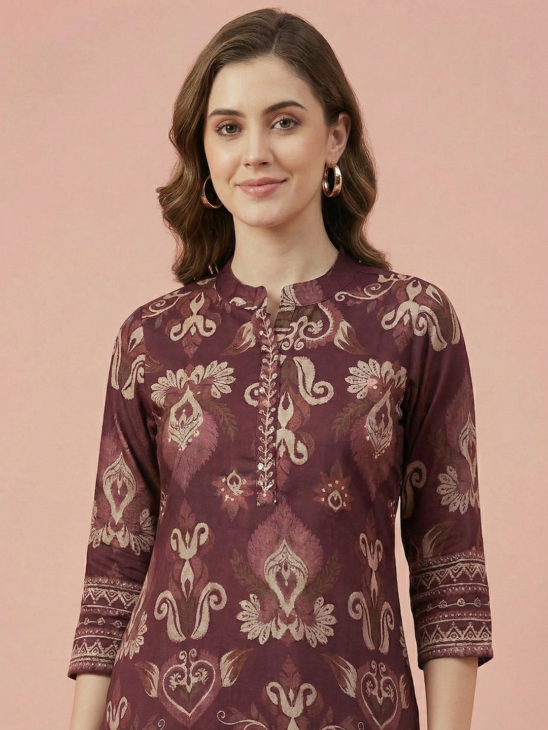 Wine Viscose Two Piece Top Bottom Set with Delicate Floral Print Design - Image 4