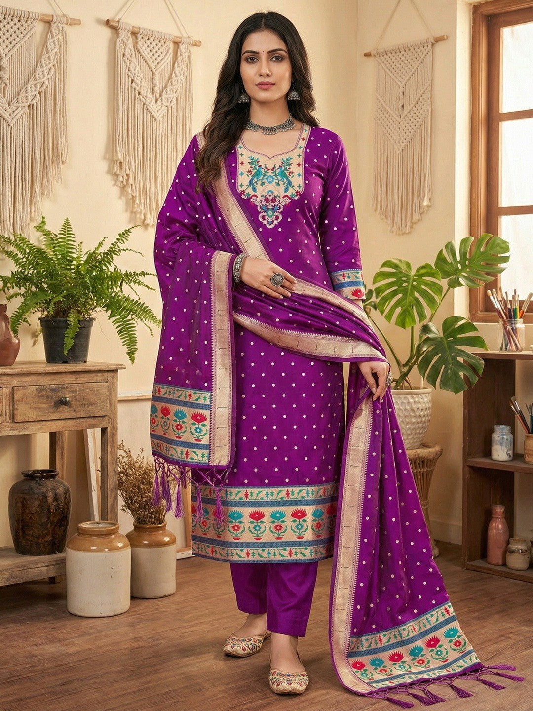 Luxury Purple Floral & Peacock Design Zari Weaving Banarasi Silk Dress Material - Image 1