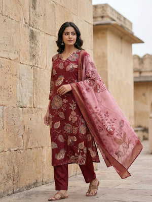 Maroon Viscose Ethnic Salwar Suit with Detailed Floral Print Dupatta Set - Image 1