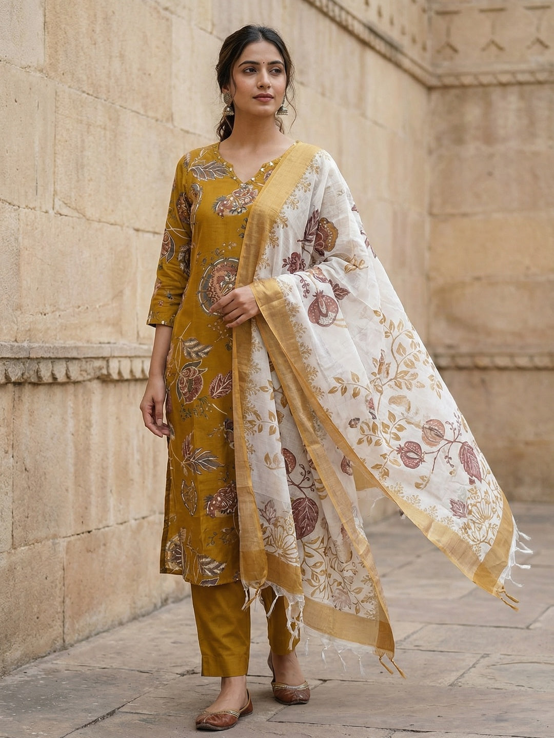 Yellow Viscose Ethnic Salwar Suit with Detailed Floral Print Dupatta Set - Image 1