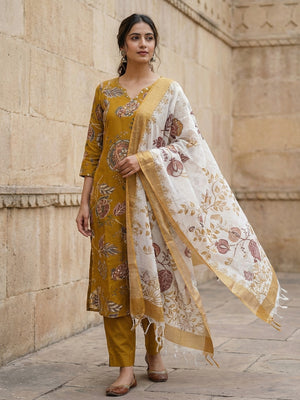 Yellow Viscose Ethnic Salwar Suit with Detailed Floral Print Dupatta Set - Image 1