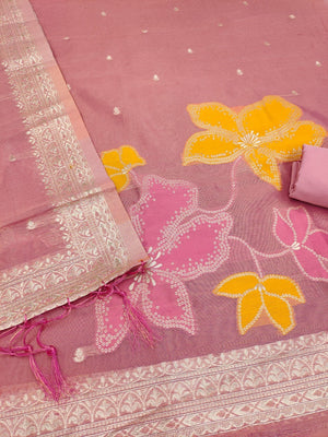 Classic Pink Floral Weaving Work Tissue Shimmer Jacquard Dress Material For Timeless Styling - Image 2