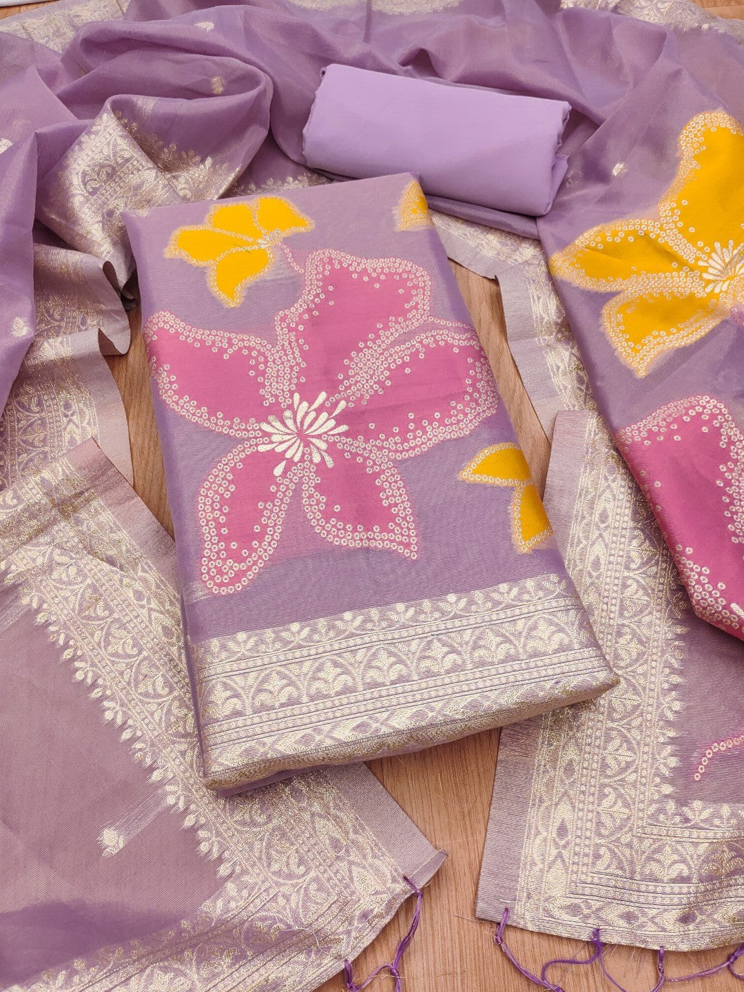 Classic Lavender Floral Weaving Work Tissue Shimmer Jacquard Dress Material For Timeless Styling - Image 3