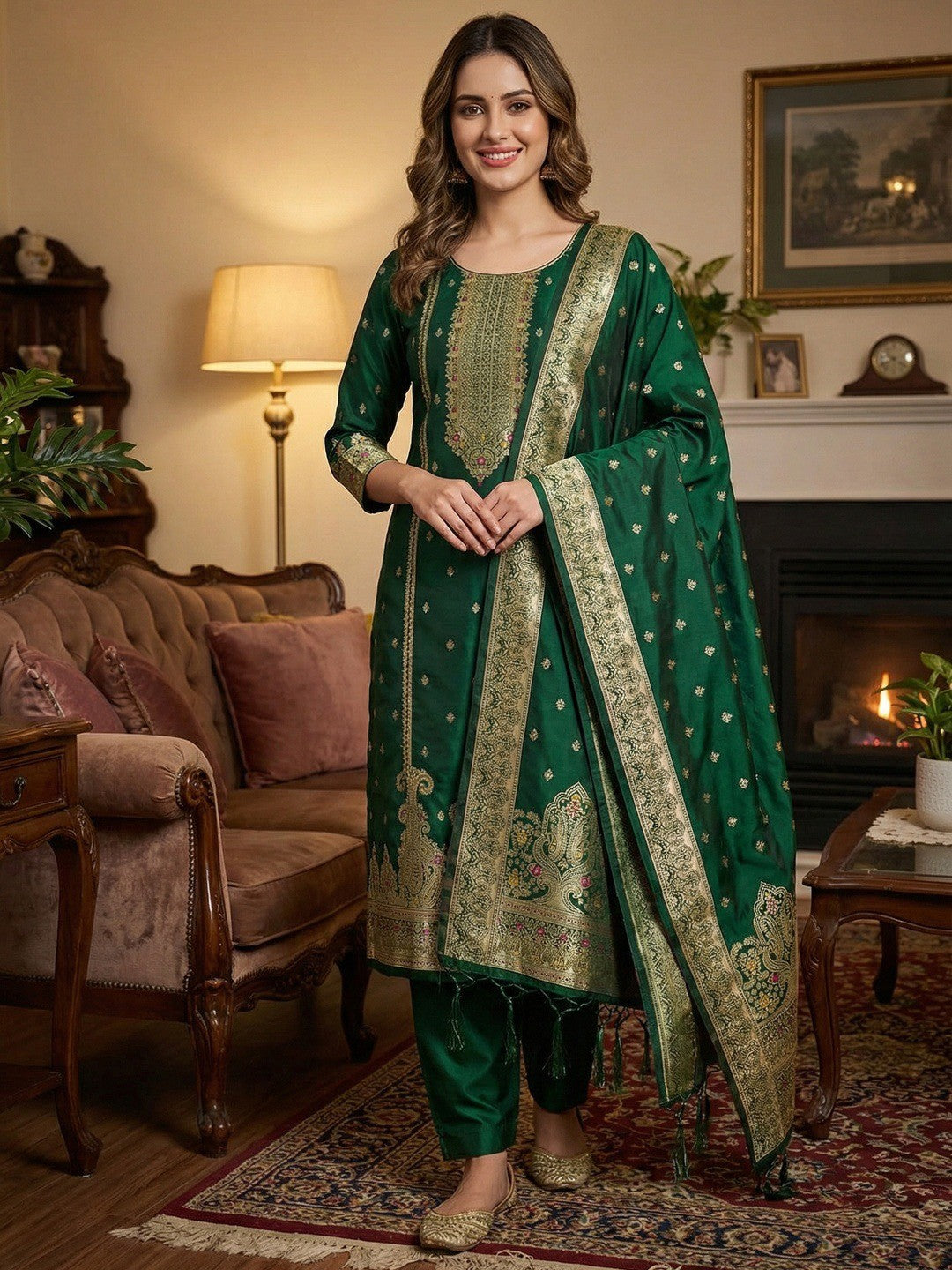 Premium Bottle Green Banarasi Silk Dress Material With Opulent Floral & Paisley Motif Zari Weaving - Image 1