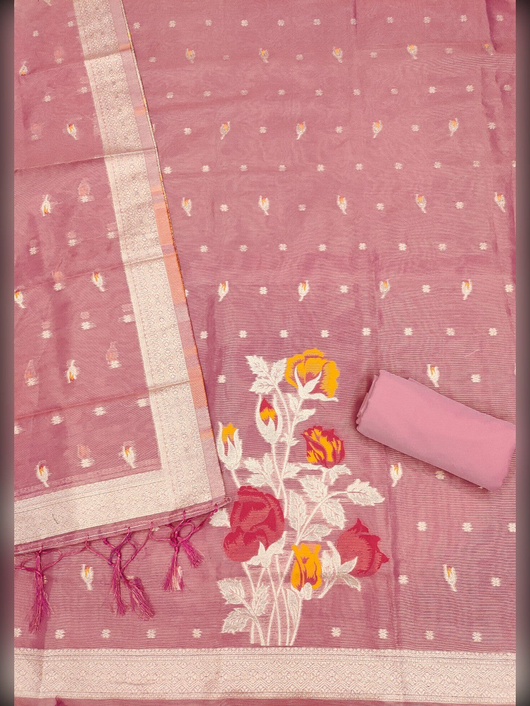 Sophisticated Pink Floral Weaving Tissue Shimmer Jacquard Dress Material - Image 3