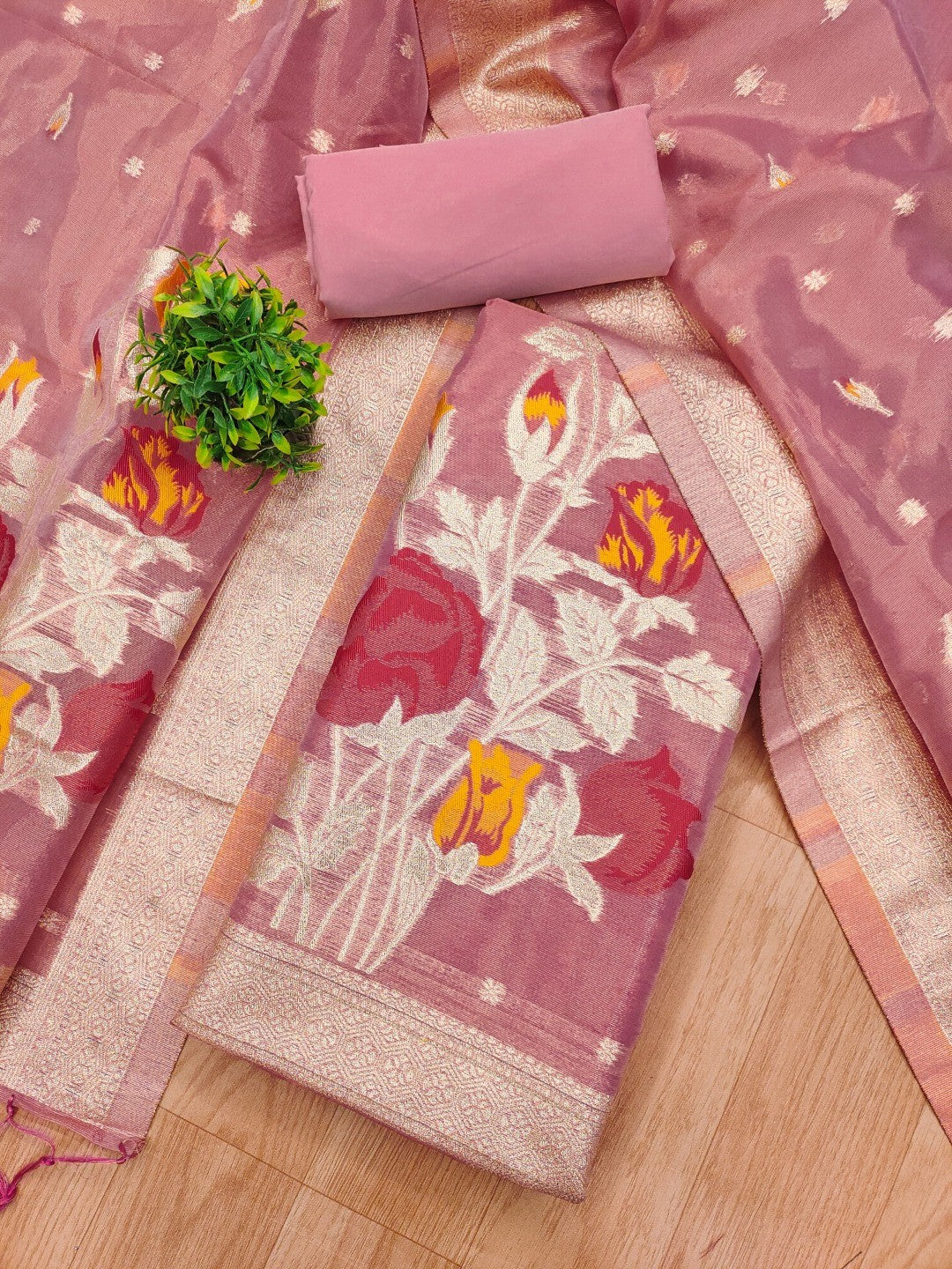 Sophisticated Pink Floral Weaving Tissue Shimmer Jacquard Dress Material - Image 2