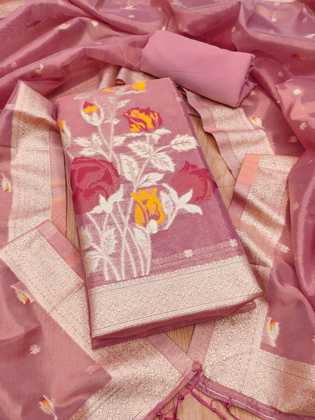 Sophisticated Pink Floral Weaving Tissue Shimmer Jacquard Dress Material - Image 5