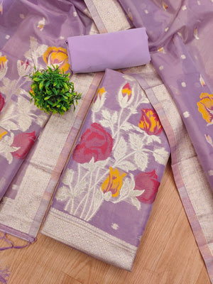 Sophisticated Lavender Floral Weaving Tissue Shimmer Jacquard Dress Material - Image 2