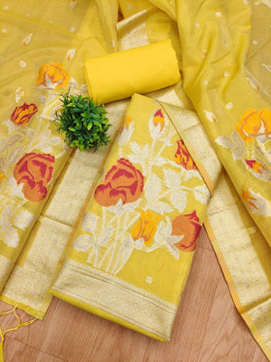 Sophisticated Yellow Floral Weaving Tissue Shimmer Jacquard Dress Material - Image 2