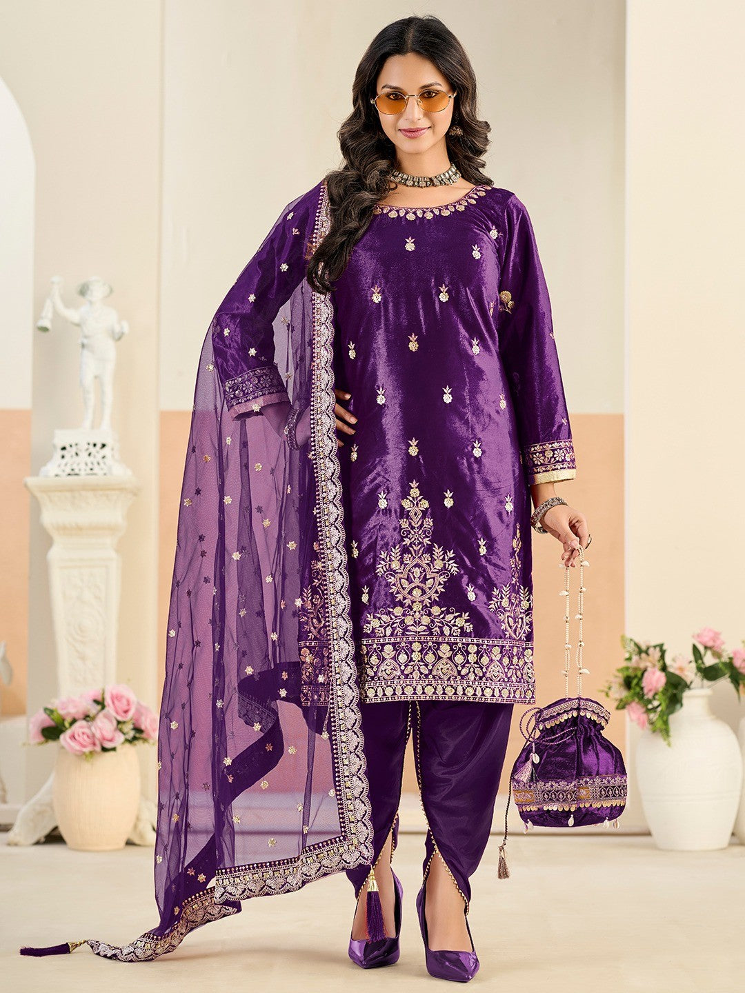 Designer Purple Velvet Salwar Suit with Intricate Sequins Embroidery Pattern - Image 1