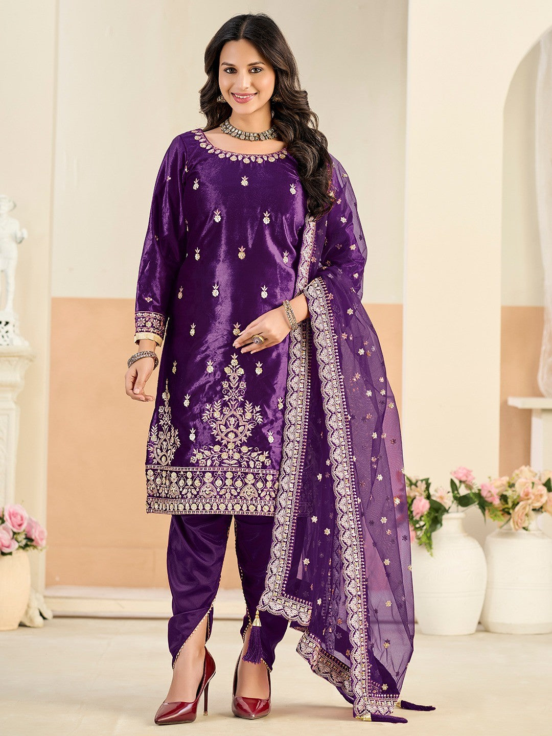Designer Purple Velvet Salwar Suit with Intricate Sequins Embroidery Pattern - Image 4
