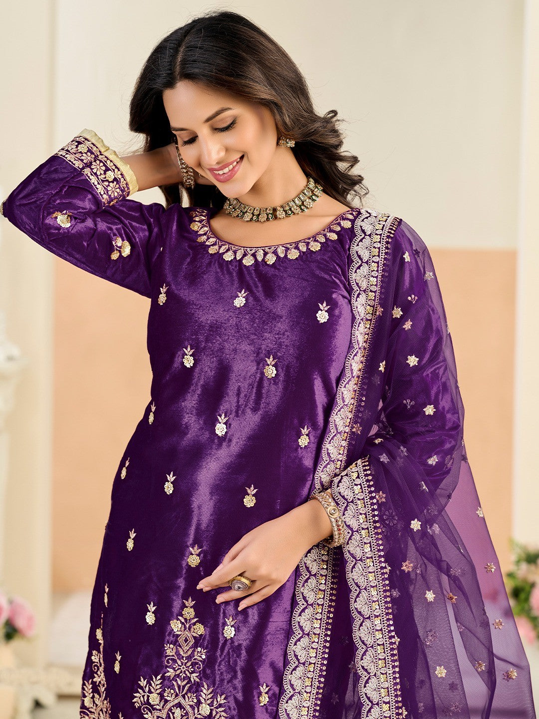 Designer Purple Velvet Salwar Suit with Intricate Sequins Embroidery Pattern - Image 3