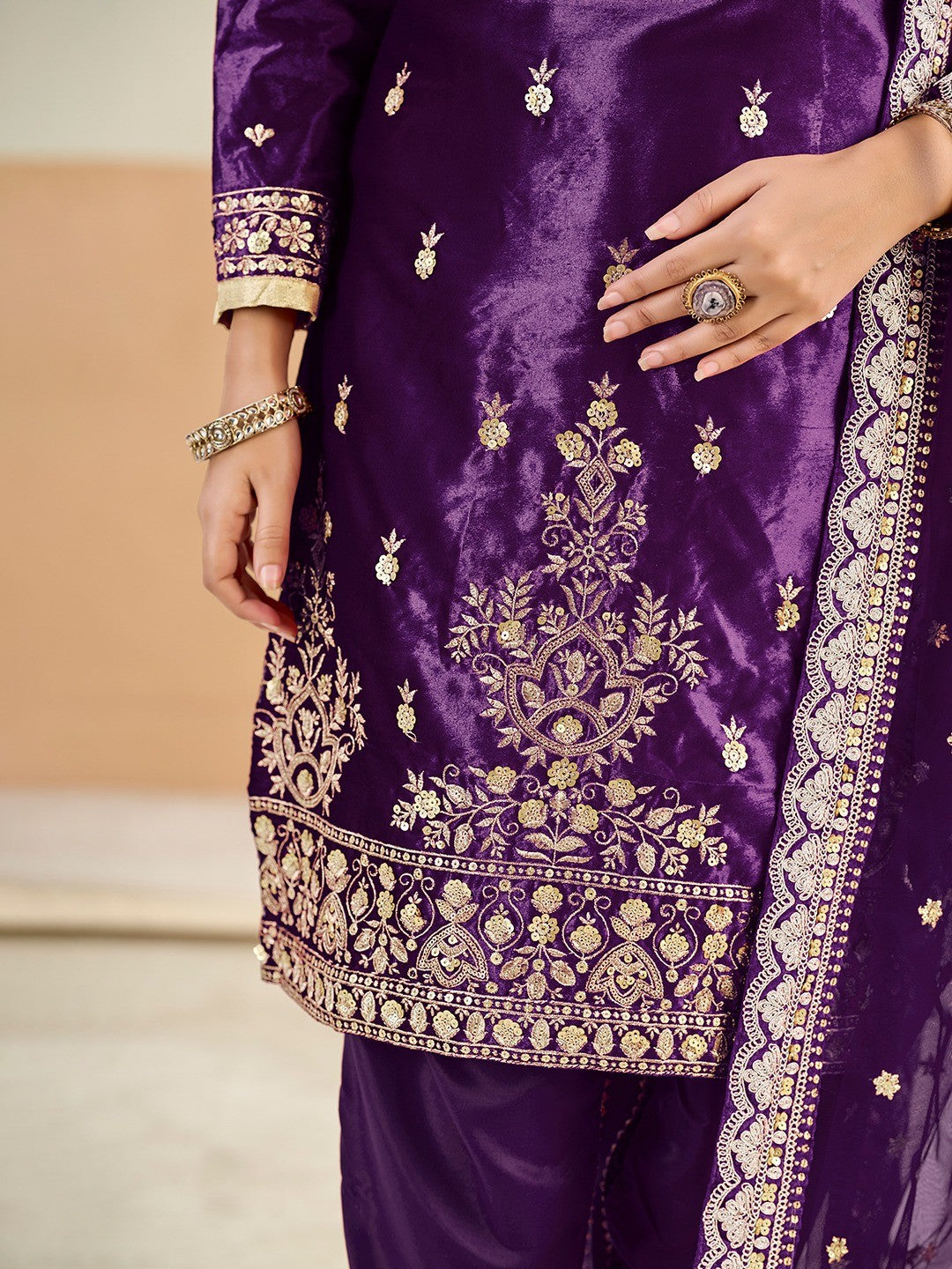Designer Purple Velvet Salwar Suit with Intricate Sequins Embroidery Pattern - Image 2