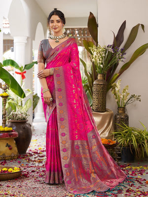 Classic Pink Soft Silk Blend Saree Enhanced With Traditional Floral Weaving & Tassel Pallu - Image 1