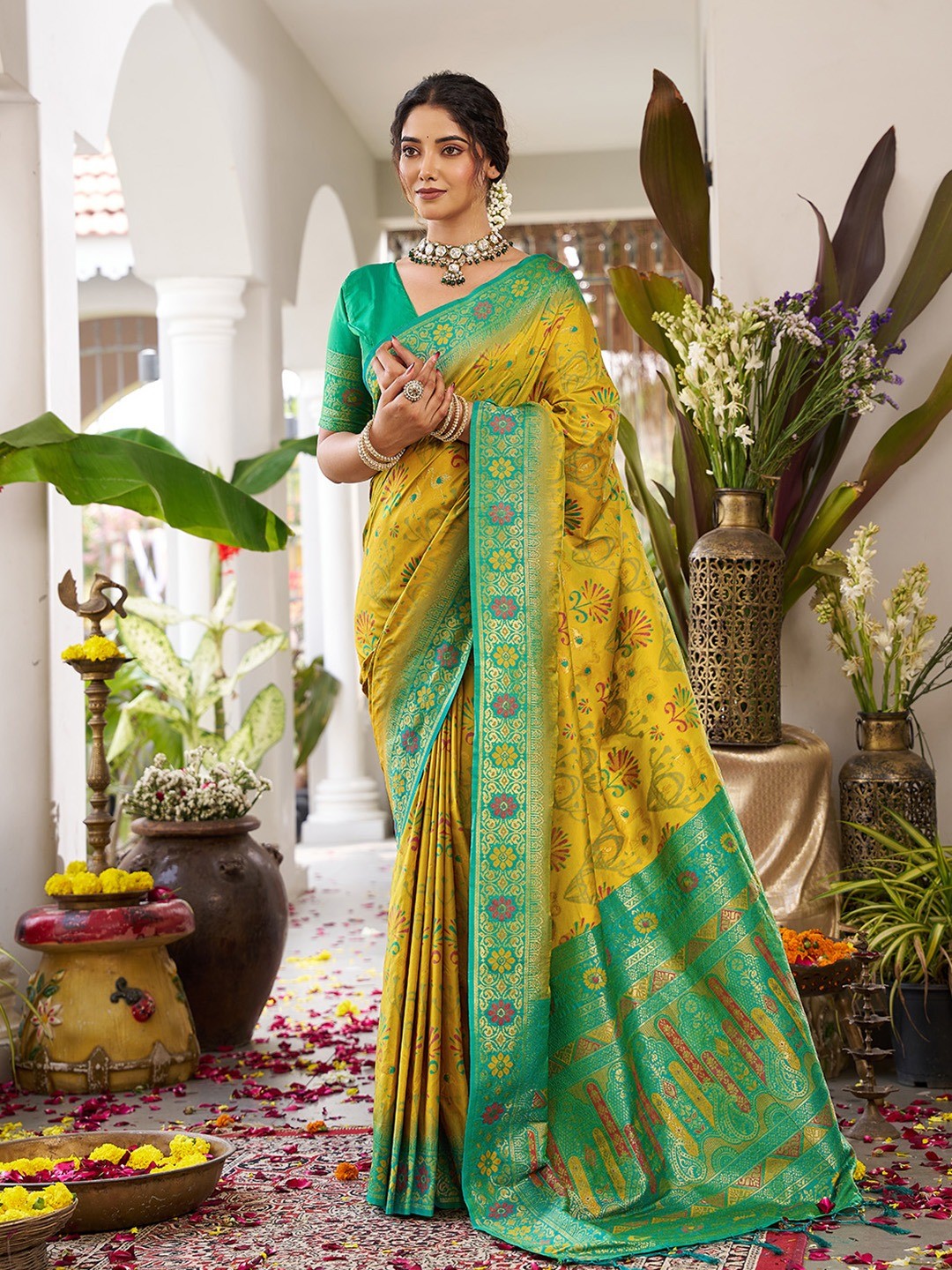 Classic Mustard Soft Silk Blend Saree Enhanced With Traditional Floral Weaving & Tassel Pallu - Image 1